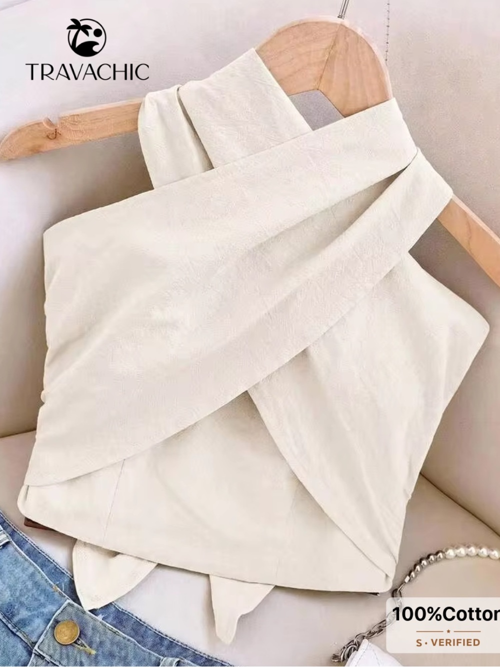 SHEIN Beige Cropped Asymmetrical Wrap Top